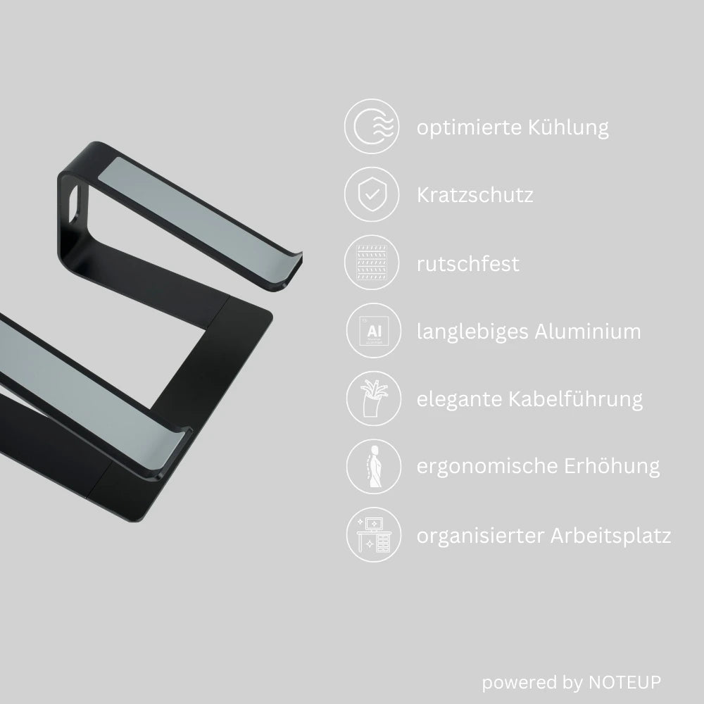 NOTEUP Laptop-Ständer mit Funktionen wie optimierte Kühlung, Kratzschutz, rutschfestem Design, langlebigem Aluminium, eleganter Kabelführung, ergonomischer Erhöhung und organisiertem Arbeitsplatz. Ideal für eine komfortable und aufgeräumte Arbeitsumgebung. Text: „optimierte Kühlung, Kratzschutz, rutschfest, langlebiges Aluminium, elegante Kabelführung, ergonomische Erhöhung, organisierter Arbeitsplatz“.