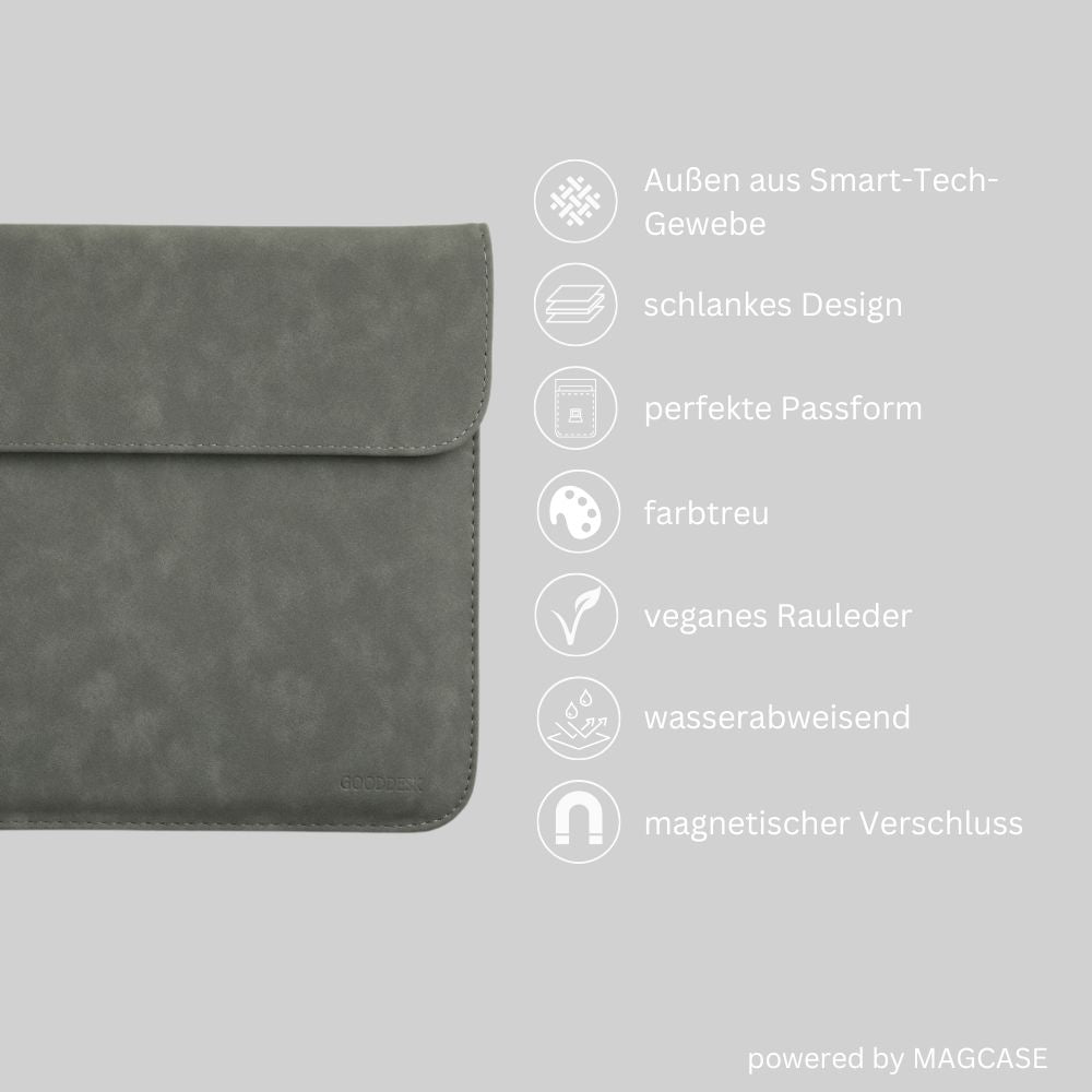 Dunkelgraue MAGCASE Laptop-Hülle aus Smart-Tech-Gewebe, schlankes Design mit perfekter Passform, farbtreu und aus veganem Rauleder. Die Hülle ist wasserabweisend und verfügt über einen magnetischen Verschluss. Produktbeschreibung zeigt sechs Vorteile der Hülle.