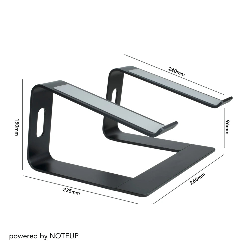 NOTEUP Laptop-Ständer mit Abmessungen: Höhe 150 mm, Länge 240 mm, Breite 260 mm, und vordere Höhe 96 mm. Das Design ermöglicht eine stabile, ergonomische Laptop-Halterung. Text: „powered by NOTEUP“.