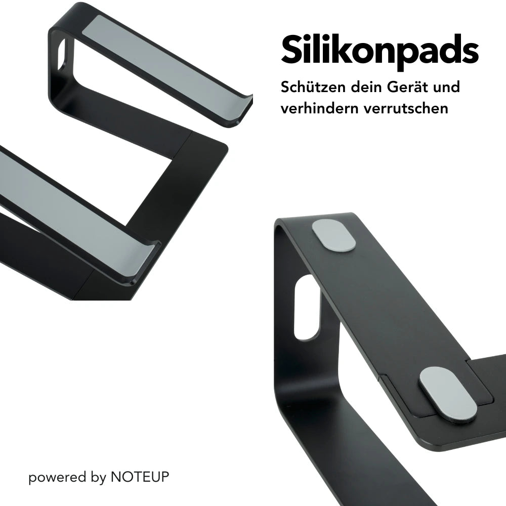 NOTEUP Laptop-Ständer mit Silikonpads, die das Gerät schützen und ein Verrutschen verhindern. Detailansicht der Silikonpads, die für sicheren Halt und Stabilität sorgen. Text: „Silikonpads – Schützen dein Gerät und verhindern Verrutschen“.