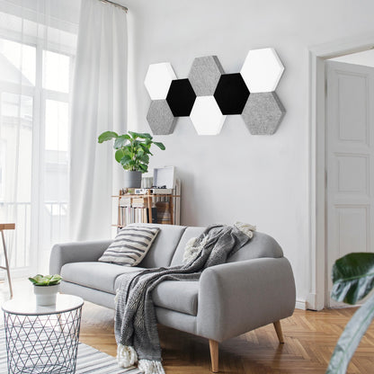 Schallabsorber Hexagon Wand Raum akustik Schallschutz Isolation Reduzieren Lärm Silenthex Match Beispielbild Wand Wohnzimmer grau weiß schwarz 8 teilig