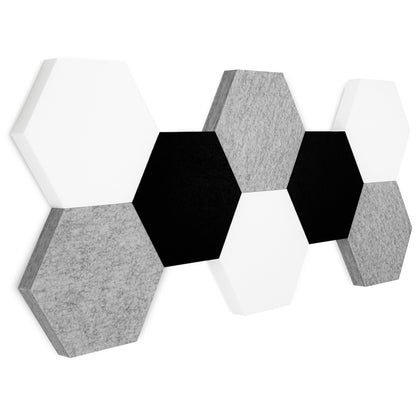 Schallabsorber Hexagon Wand Raum akustik Schallschutz Isolation Reduzieren Lärm Silenthex Match Produltbild grau weiß schwarz 8 teilig