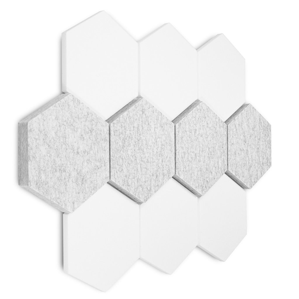 Schallabsorber Hexagon Wand Raum akustik Schallschutz Isolation Reduzieren Lärm Silenthex 3D Beispielbild Wand Produktbild grau weiß dreidimensional 10 teilig