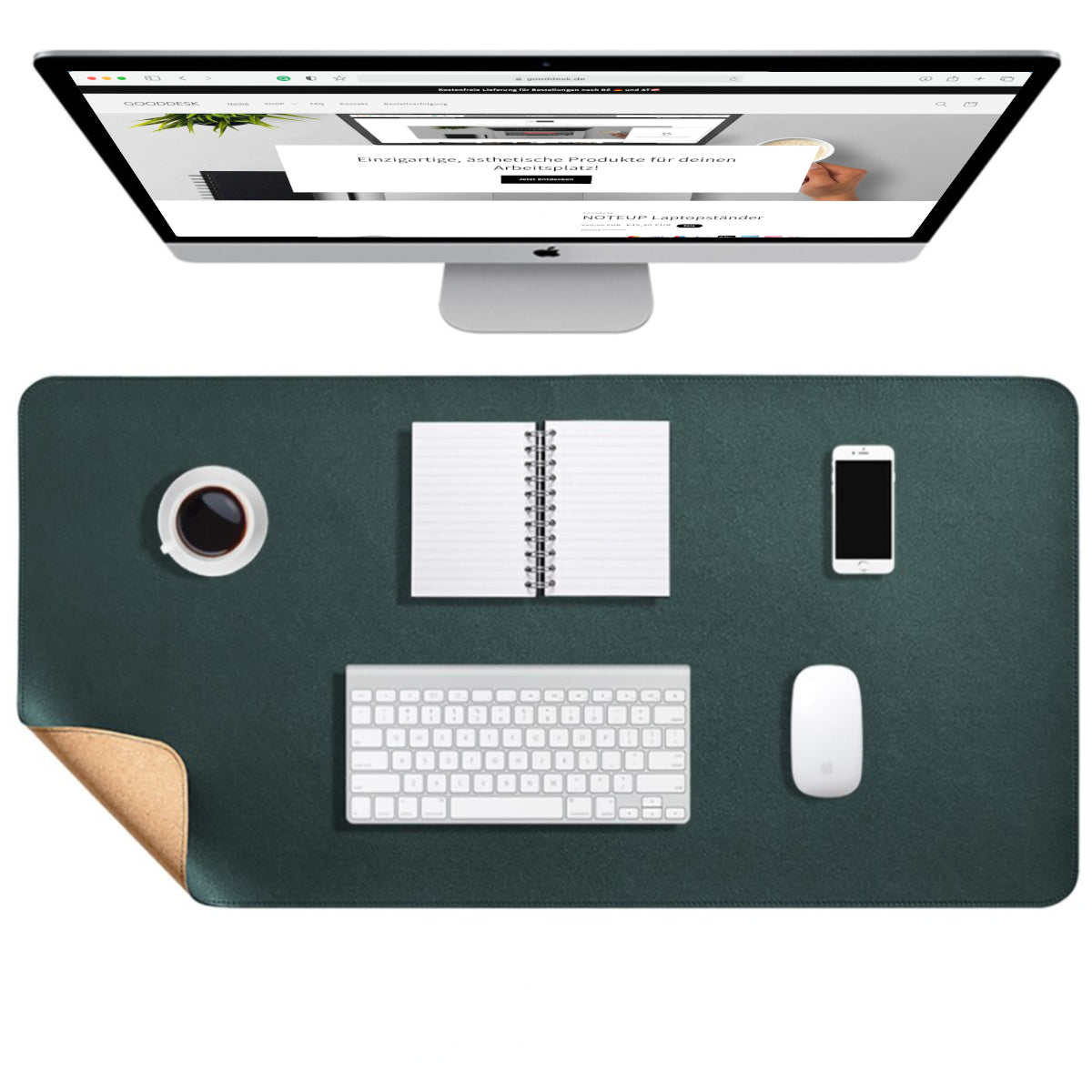 Korkmatte Kork Schreibtischunterlage nachhaltig Eingangsbild shoppen gooddesk dunkelgrün Wählbild
